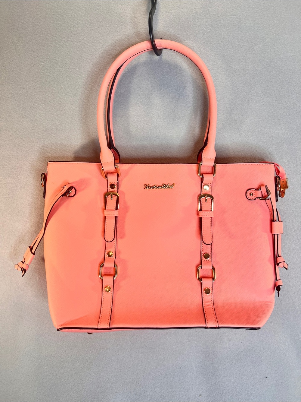 Montana West Coral Pink Shoulder Bag Tote Gold Accent Top Zip New no tags